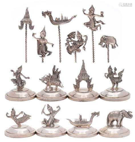 A set of eight Siamese sterling silver menu holders,