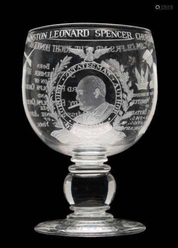A Royal Brierley Commemorative Winston Churchill glass goblet: the bowl extensively engraved by Tom