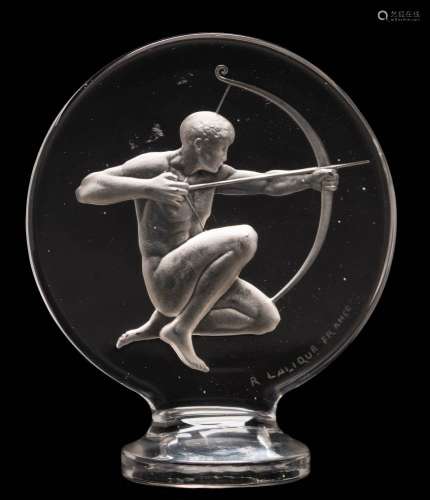 A Lalique glass 'Archer' car mascot: the kneeling naked archer drawing his bow, etched 'R.