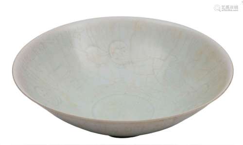 A Chinese Qingbai porcelain bowl: of circular form, covered in a crazed pale celadon glaze,