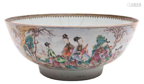 A Chinese famille rose punch bowl: enamelled and gilt with panels of groups of figures,