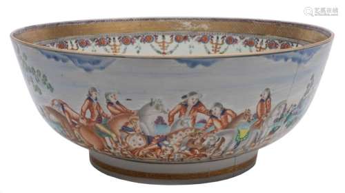 A large Chinese famille rose 'Hunting-subject' punch bowl: the exterior painted with a continuous