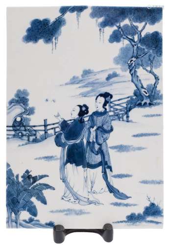 A Chinese blue and white rectangular plaque: painted with two elegant ladies observing two