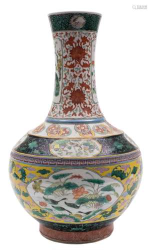 A Chinese famille rose bottle vase: painted with panels and bands of phoenix, cranes,