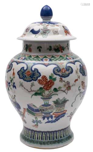 A Chinese famille verte baluster vase and cover: painted overall with auspicious objects between