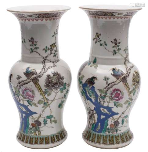 A pair of Chinese famille rose yen yen vases: painted with long-tailed birds amongst flowering