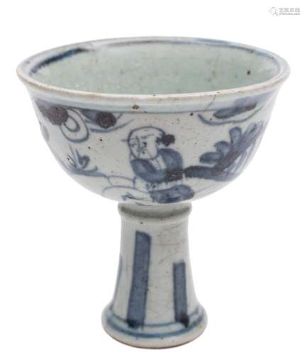 A Chinese porcelain stem cup: painted in the Ming manner on the exterior with two figures in a