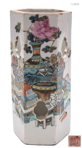 A Chinese porcelain lantern or hat stand: of pierced hexagonal form enamelled in colours with