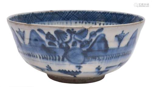 A Safavid blue and white pottery bowl: painted in underglaze cobalt blue with stylised buildings