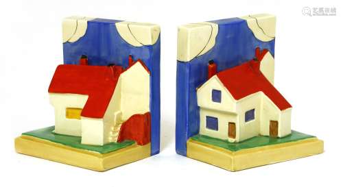 A pair of Clarice Cliff cottage bookends,