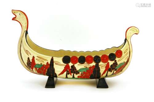 A Clarice Cliff 'Red Trees and House' Viking boat centrepiece,
