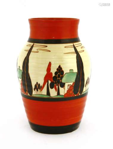 A Clarice Cliff 'Red Trees and House' Isis vase,