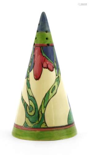 A Clarice Cliff 'Rudyard' conical sugar sifter,