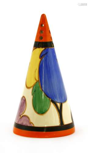 A Clarice Cliff 'Autumn' conical sugar sifter,