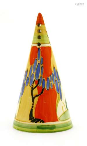 A Clarice Cliff 'Windbells' conical sugar sifter,