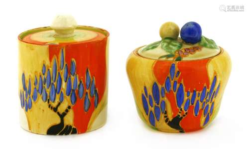 A Clarice Cliff 'Windbells' preserve pot and cover,