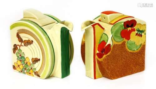 Two Clarice Cliff Bonjour teapots and covers,