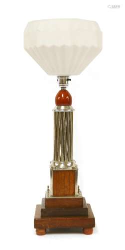 An Art Deco silvered and mahogany table lamp,