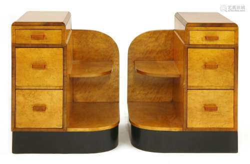 A pair of Art Deco walnut and bird's-eye maple bedside chests,