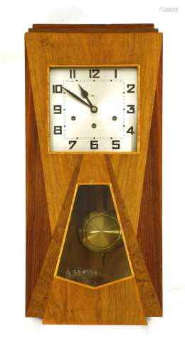 An Art Deco inlaid walnut wall clock,