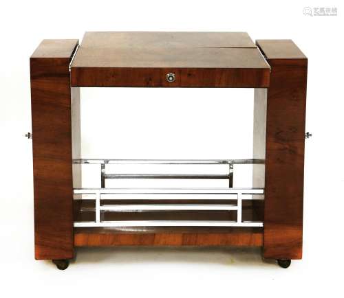 An Art Deco walnut drinks trolley,