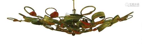 A French painted-metal five-light ceiling light,