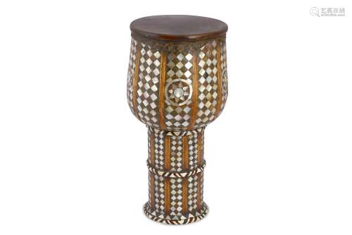 A MOTHER-OF-PEARL AND COLOURED WOOD-INLAID DRUM