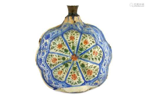 *A SAFAVID BLUE, RED AND GREEN POTTERY PILGRIM FLASK
