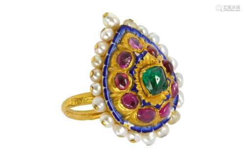 *A QAJAR ENCRUSTED AND ENAMELLED GOLD RING