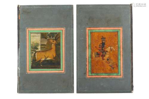 A LACQUERED PORTRAIT OF FATH 'ALI SHAH ON HORSEBACK AND A WOUNDED STAG