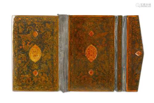 *A FLAPPED QAJAR LACQUERED PAPIER-MÂCHÉ BOOK COVER IN SAFAVID STYLE