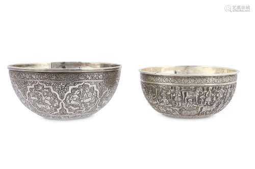 TWO ENGRAVED IRANIAN SILVER BOWLS