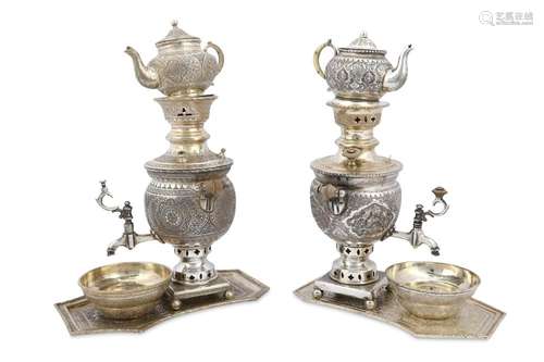 TWO MINIATURE IRANIAN SILVER SAMOVARS