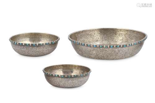 TWO TURQUOISE-SET IRANIAN SILVER SAUCERS AND LARGE BOWL