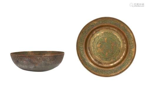 A QAJAR COPPER DISH AND A SMALL TINNED COPPER BOWL