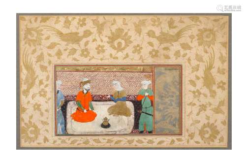 AN INTERIOR SCENE WITH A CENTRAL ASIAN SEATED COUPLE