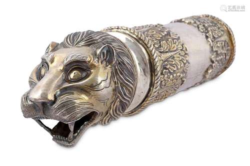 A LION-SHAPED PARCEL-GILT SILVER PALANQUIN FINIAL (PALKI-BALLI KA AKHIR)