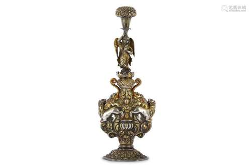 A LARGE PARCEL-GILT SILVER REPOUSSÉ ROSEWATER SPRINKLER (GULABPASH)