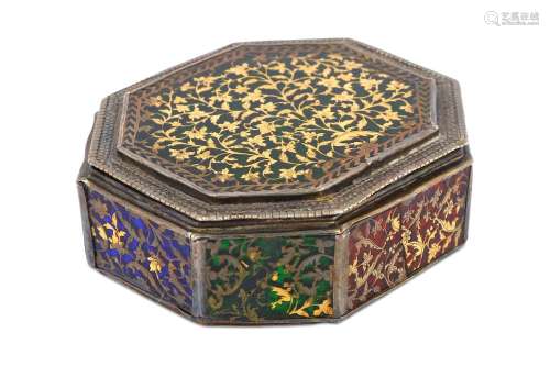 A GOLD, COLOURED-GLASS AND SILVER-GILT THEWA BOX