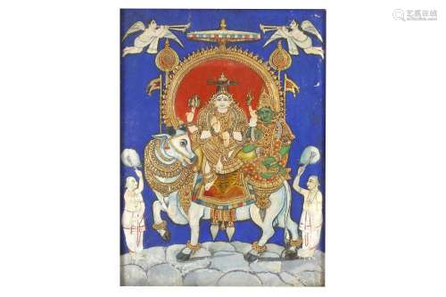 A TANJORE PAINTING OF SHIVA AND PARVATI ON NANDI