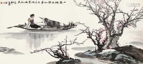 姜坤 一年湖上春如梦 设色纸本镜框
