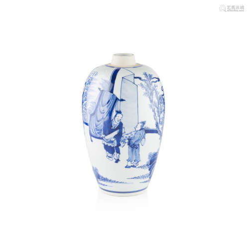 BLUE AND WHITE 'BIRTHDAY CELEBRATION' OVOID JAR KANGXI STYLE BUT LATER decorated in vibrant shades