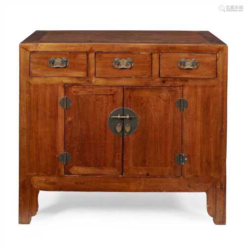 CHINESE CARVED WOOD CABINET 20TH CENTURY of square form with three drawers and two doors (