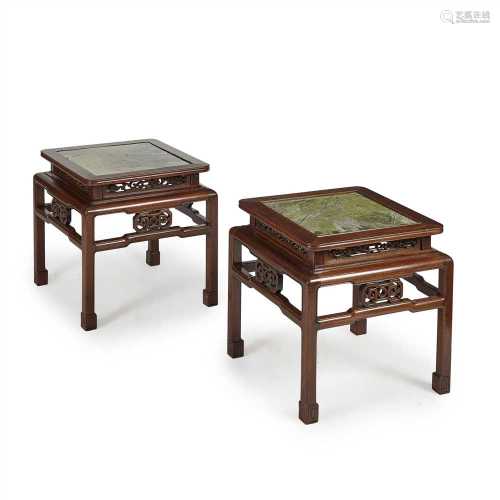 PAIR OF CHINESE HARDWOOD LOW TABLES REPUBLIC PERIOD, 20TH CENTURY each mounted with marble surface