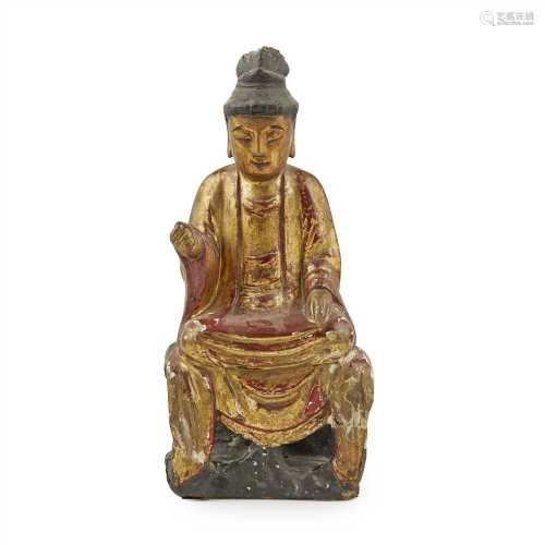 LACQUERED AND GILTWOOD SEATED BUDDHA QING DYNASTY, 19TH CENTURY seated with his right hand raised,