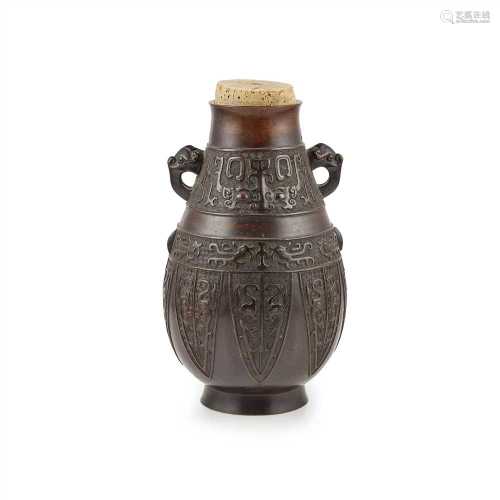 CHINESE BRONZE ARCHAIC STYLE VASE QING DYNASTY, 18TH-19TH CENTURY of Hu form with slightly splayed