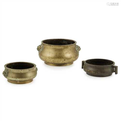 THREE CHINESE BRONZE CENSERS XUANDE MARK BUT QING DYNASTY finely cast with a compressed globular