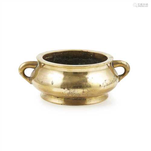 POLISHED BRONZE CENSER QING DYNASTY, 19TH CENTURY of plain round form, flat rim, simple loop