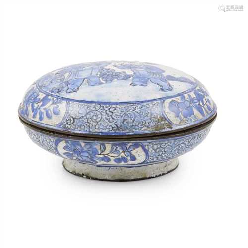BLUE AND WHITE CANTON ENAMEL BOX AND COVER QIANLONG MARK BUT 19TH CENTURY of circular form,