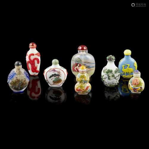 COLLECTION OF EIGHT CHINESE SNUFF BOTTLES AND STOPPERS QING DYNASTY - REPUBLIC PERIOD, 20TH